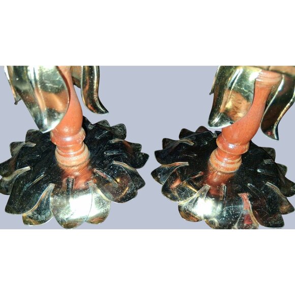 Lotus Flower Brass Wood Flower Petal Candle Holders Set Of 2 - Picture 7 of 9